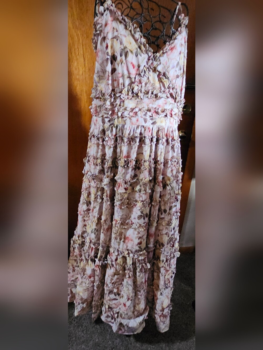 Mac Duggal Pink Floral Ruffled Maxi Dress